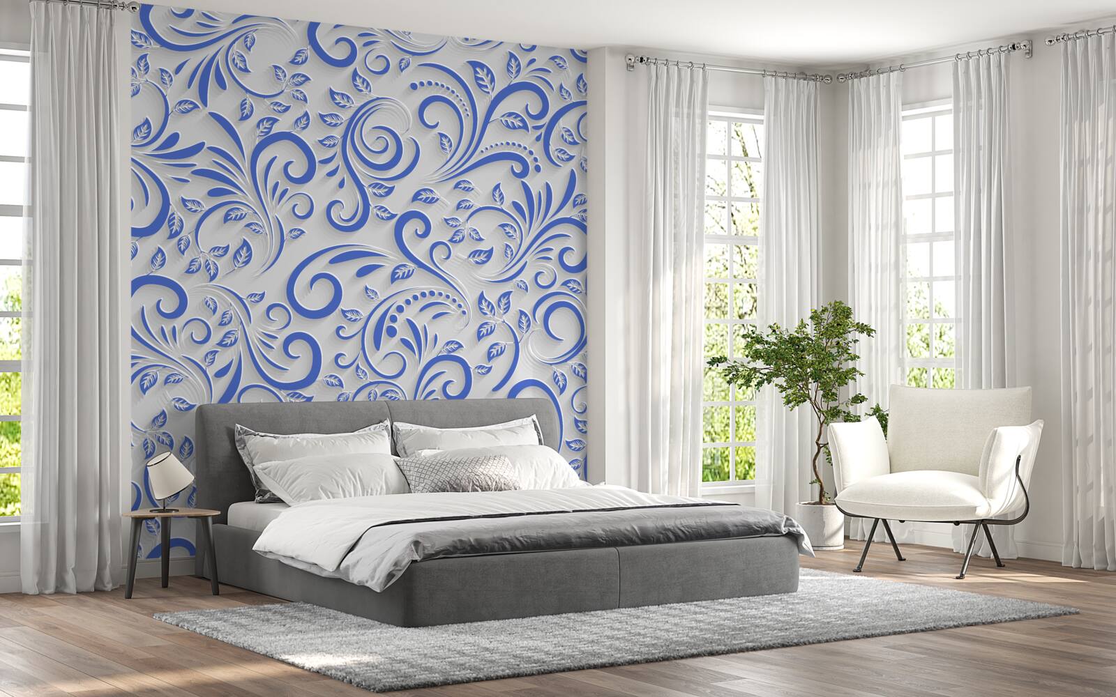 Fotobehang witte achtergrond met blauwe wervelingen