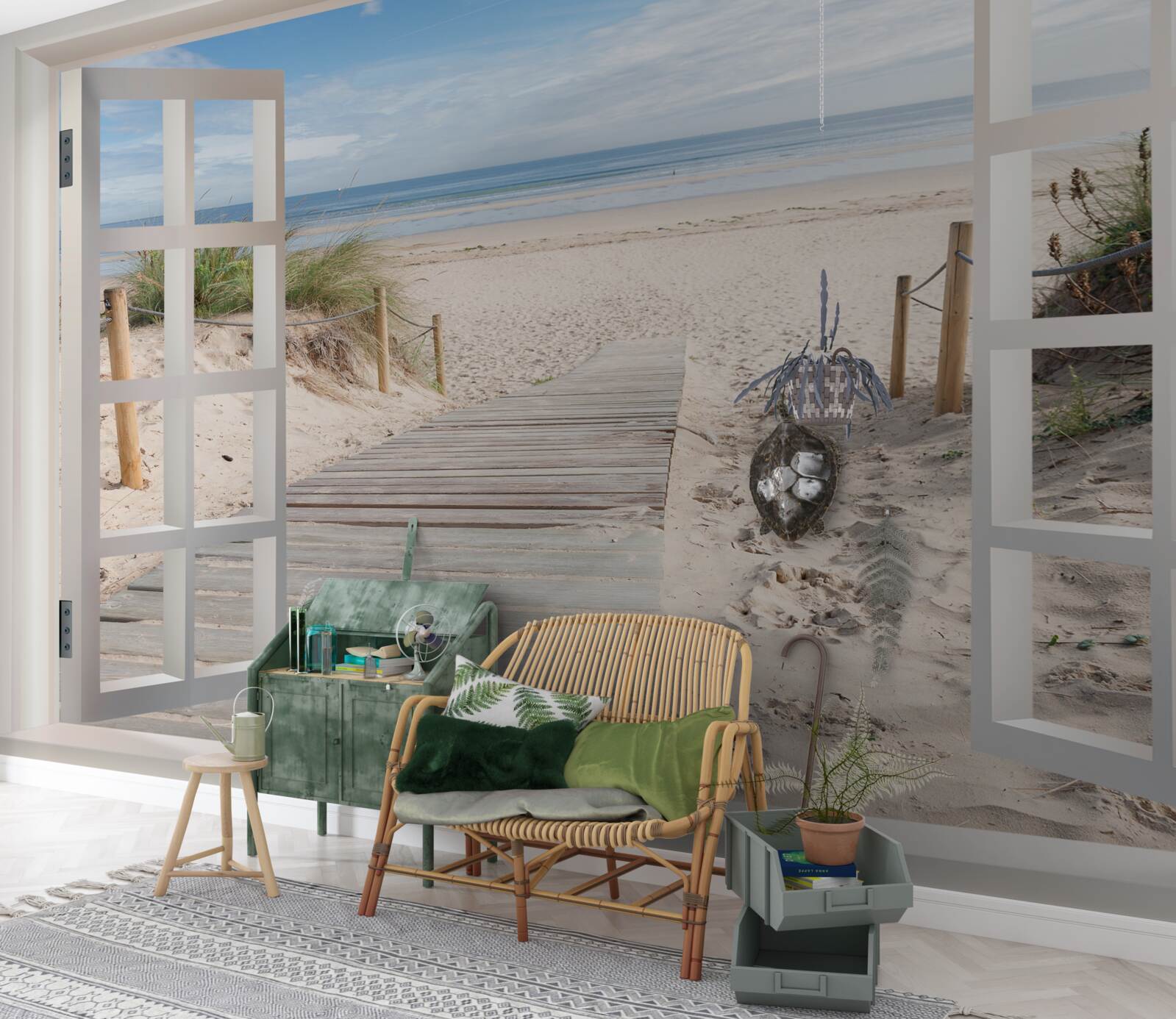 Fotobehang open raam met uitzicht op strand en oceaan