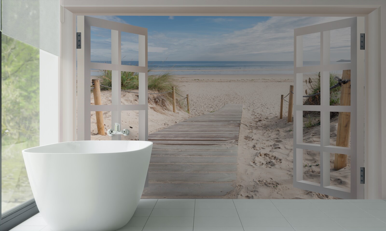 Fotobehang open raam met uitzicht op strand en oceaan