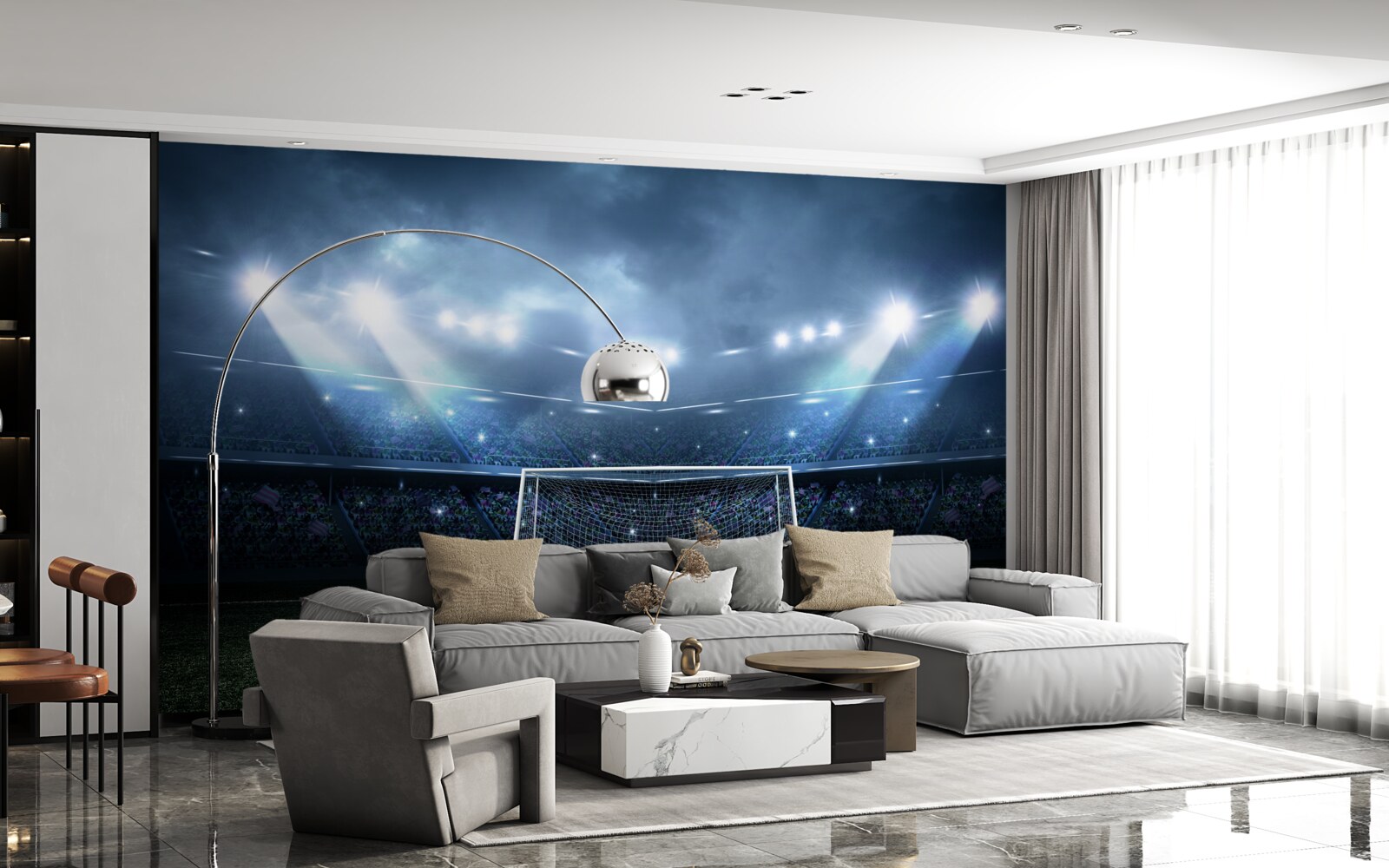 Fotobehang voetbalveld verlicht door schijnwerpers
