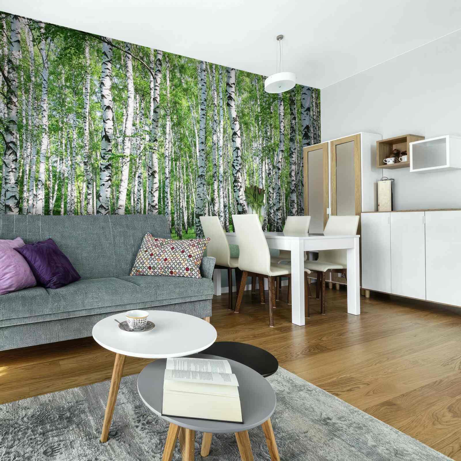 Fotobehang er zijn veel berkenbomen in het bos