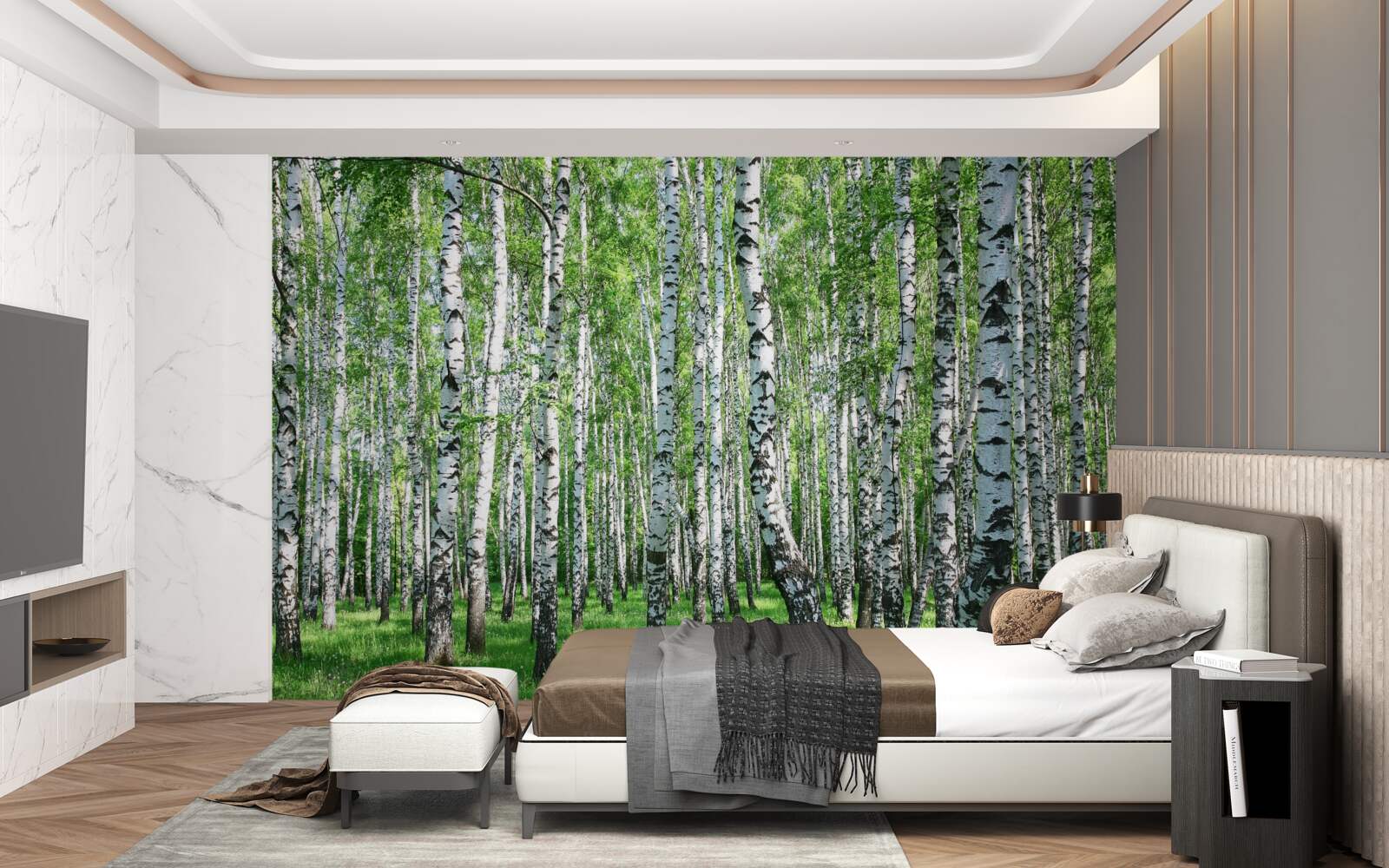 Fotobehang er zijn veel berkenbomen in het bos
