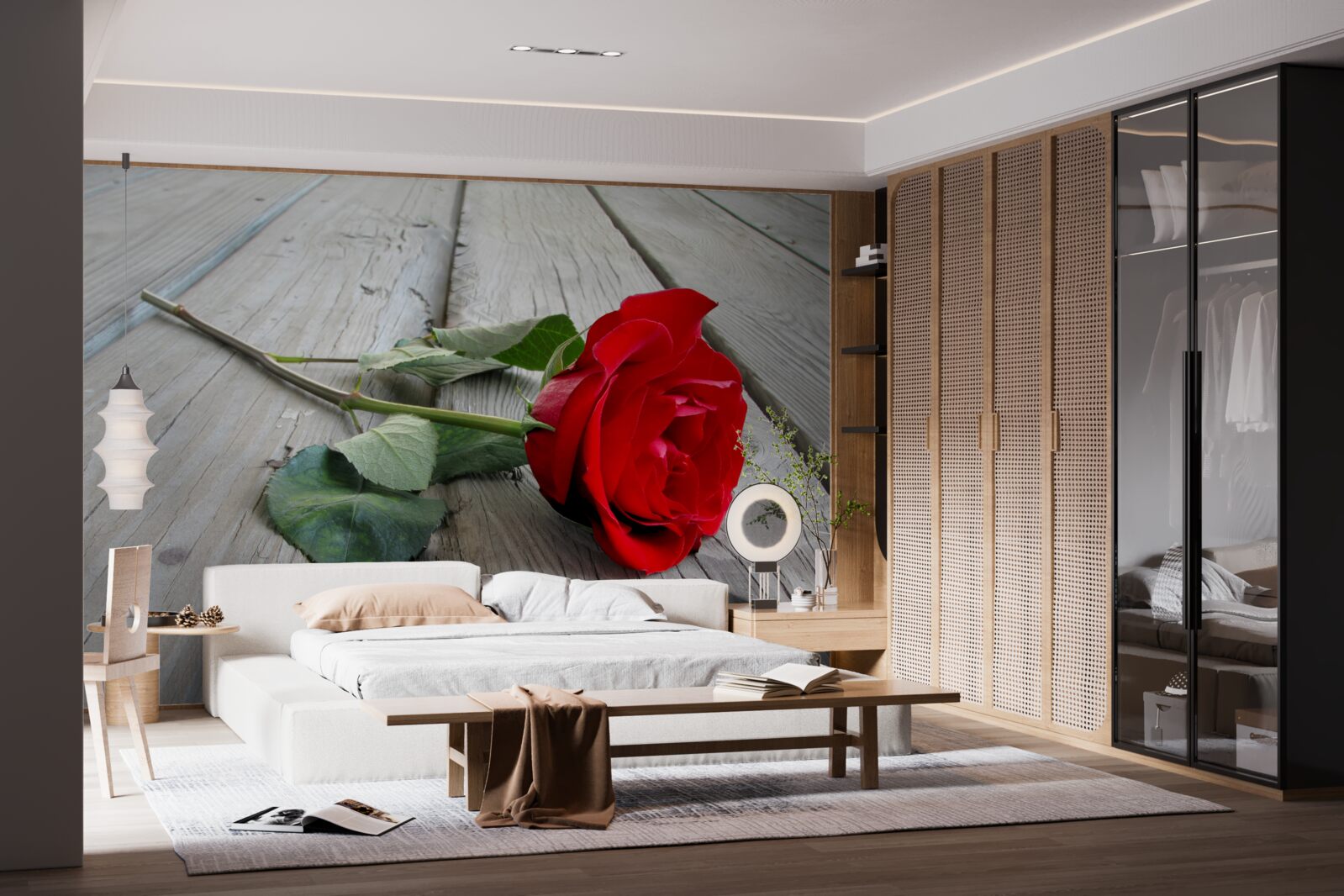 Fotobehang scharlaken bloem op een houten oppervlak
