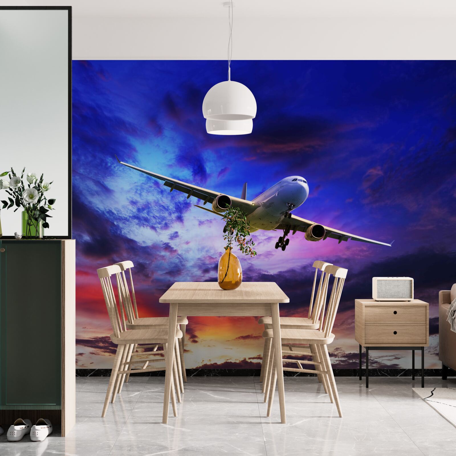 Fotobehang passagiersvliegtuigen in de avondlucht