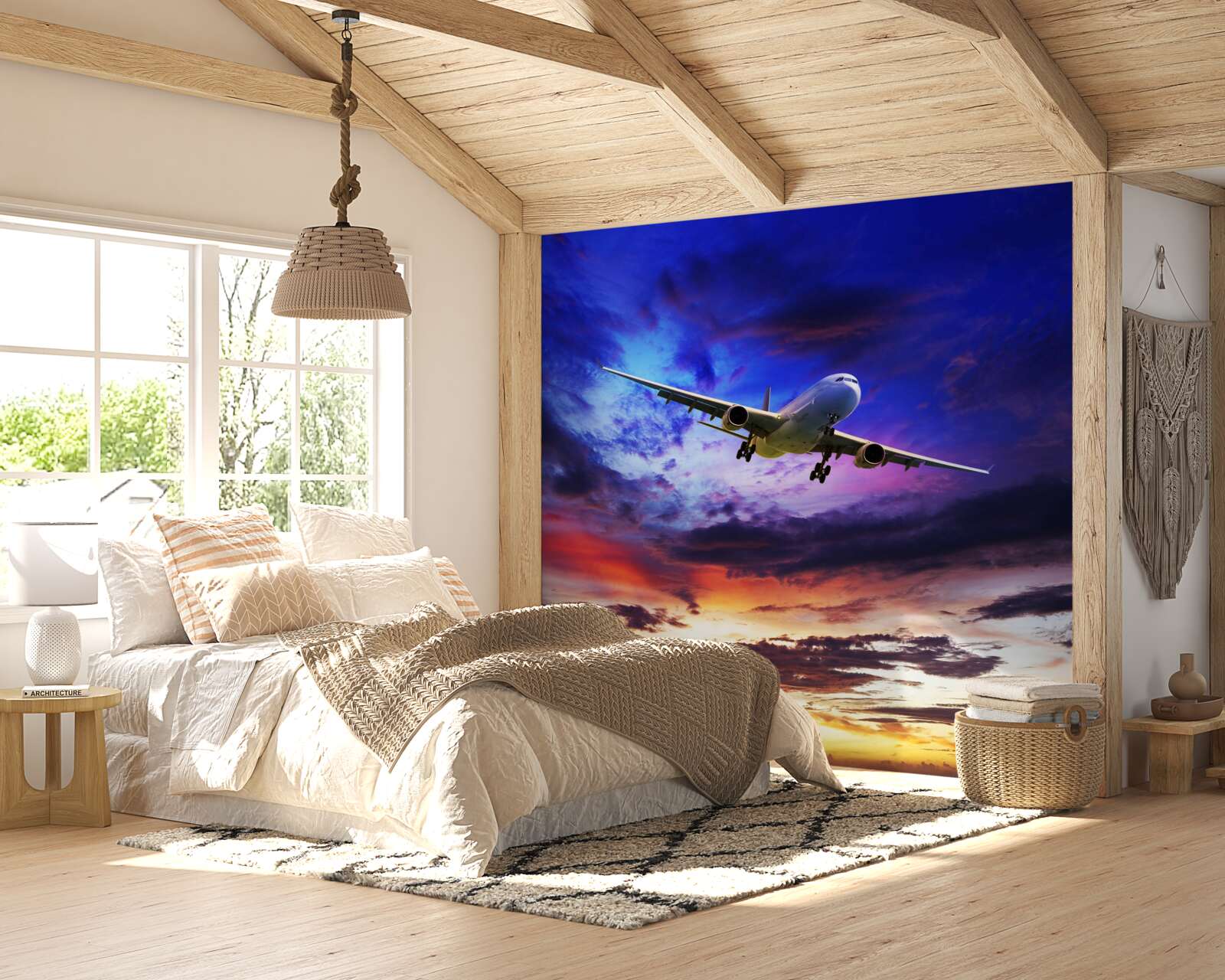 Fotobehang passagiersvliegtuigen in de avondlucht