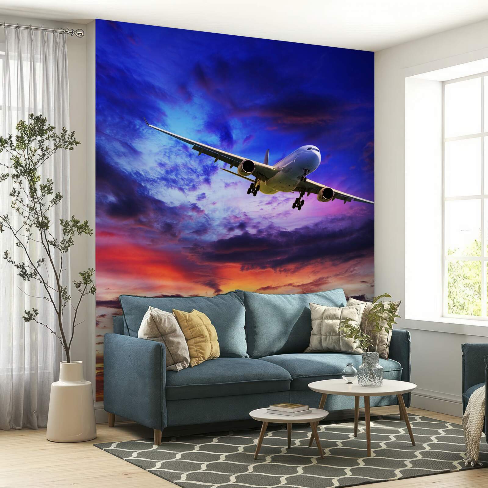 Fotobehang passagiersvliegtuigen in de avondlucht