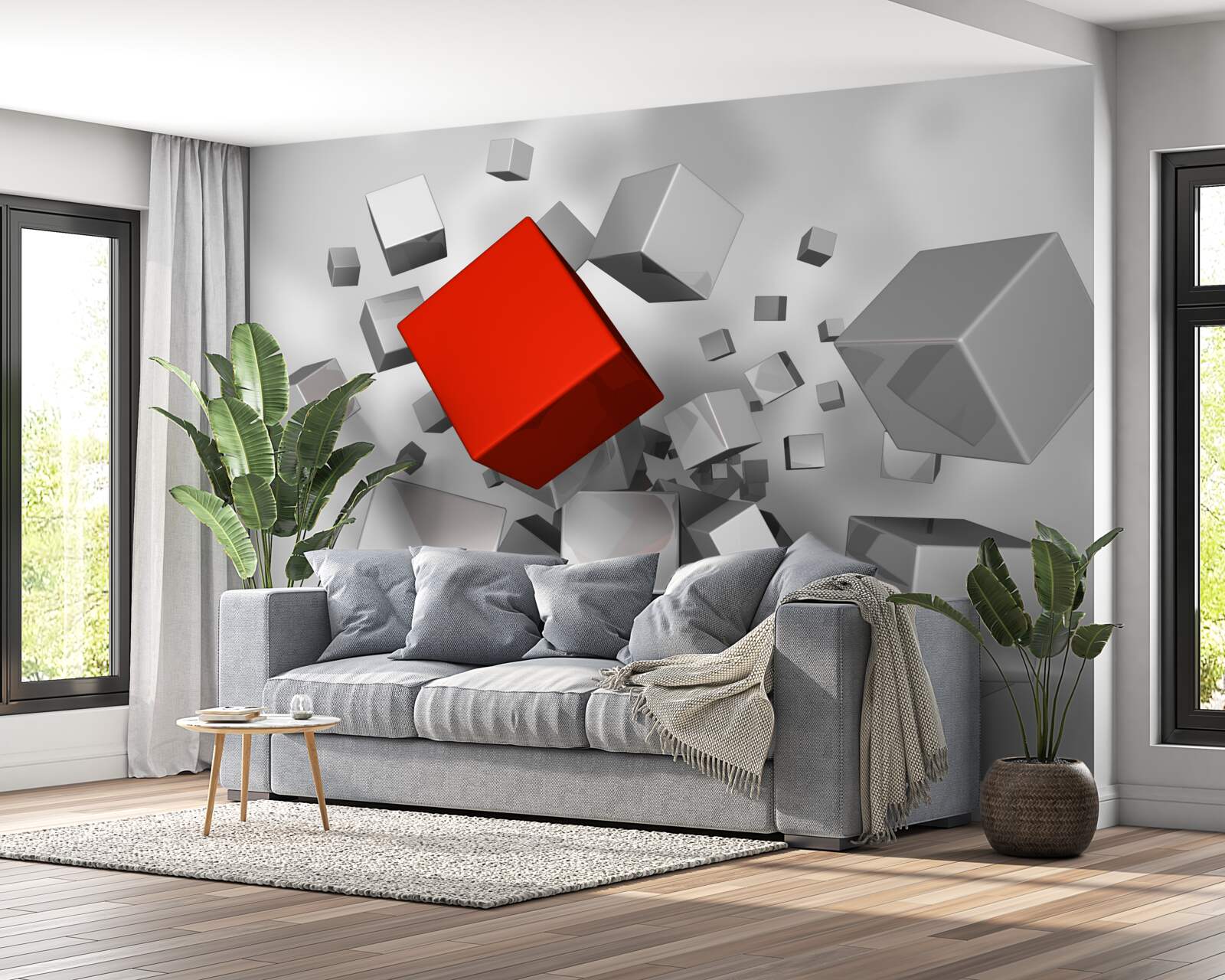 Fotobehang grote witte kubussen en een scharlakenrode kubus