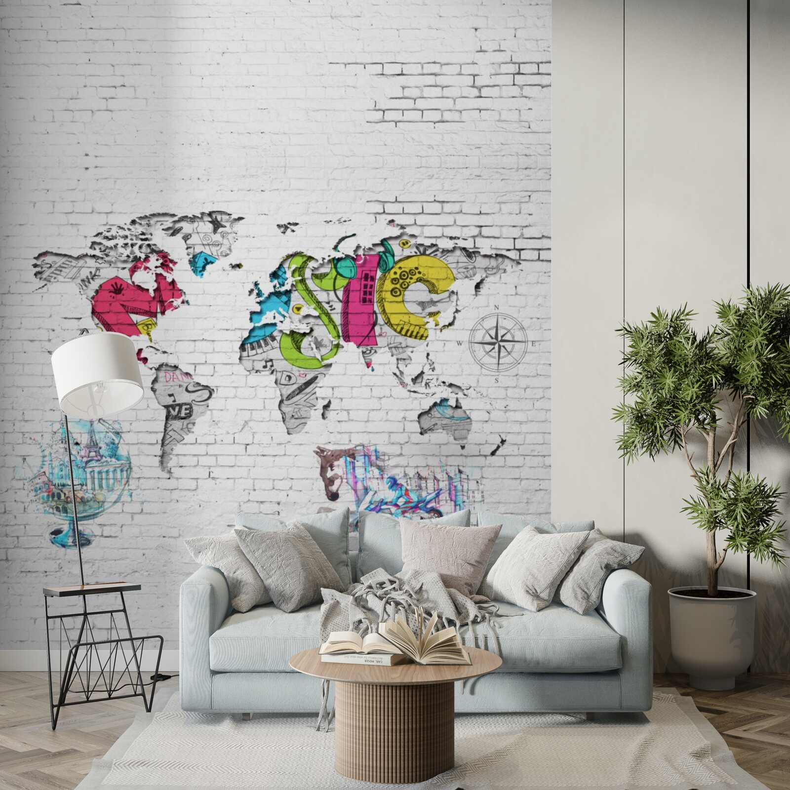 Fotobehang wereldkaart in verschillende kleuren op een witte muur