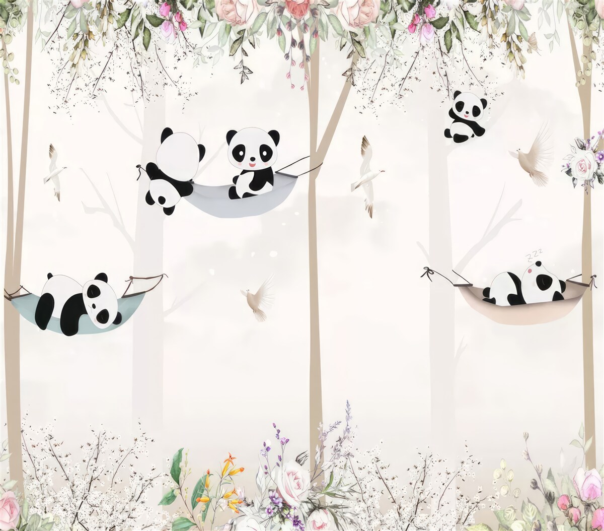Fotobehang schattige panda's op hangende bedden