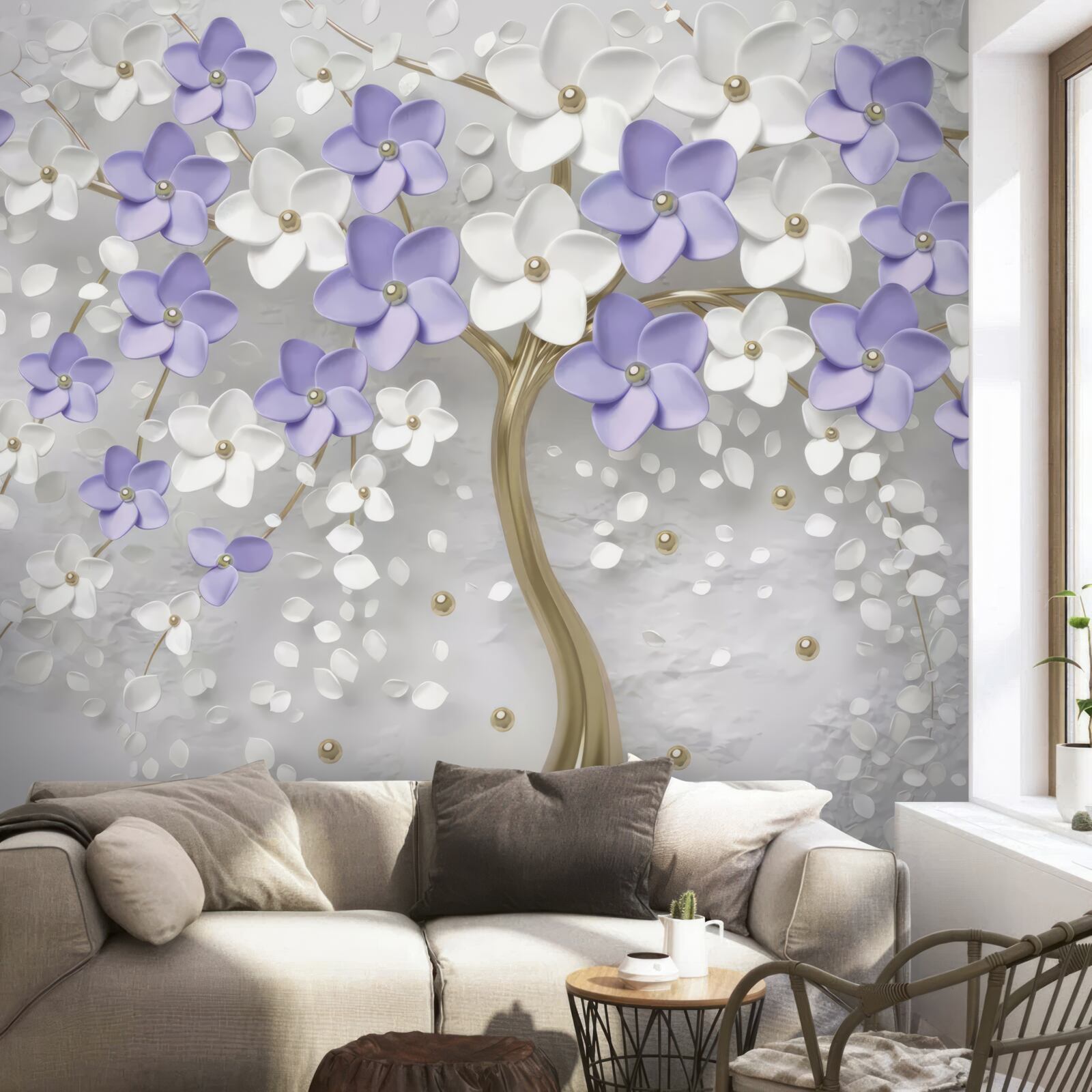 Fotobehang gouden boom versierd met witte en lila bloemen