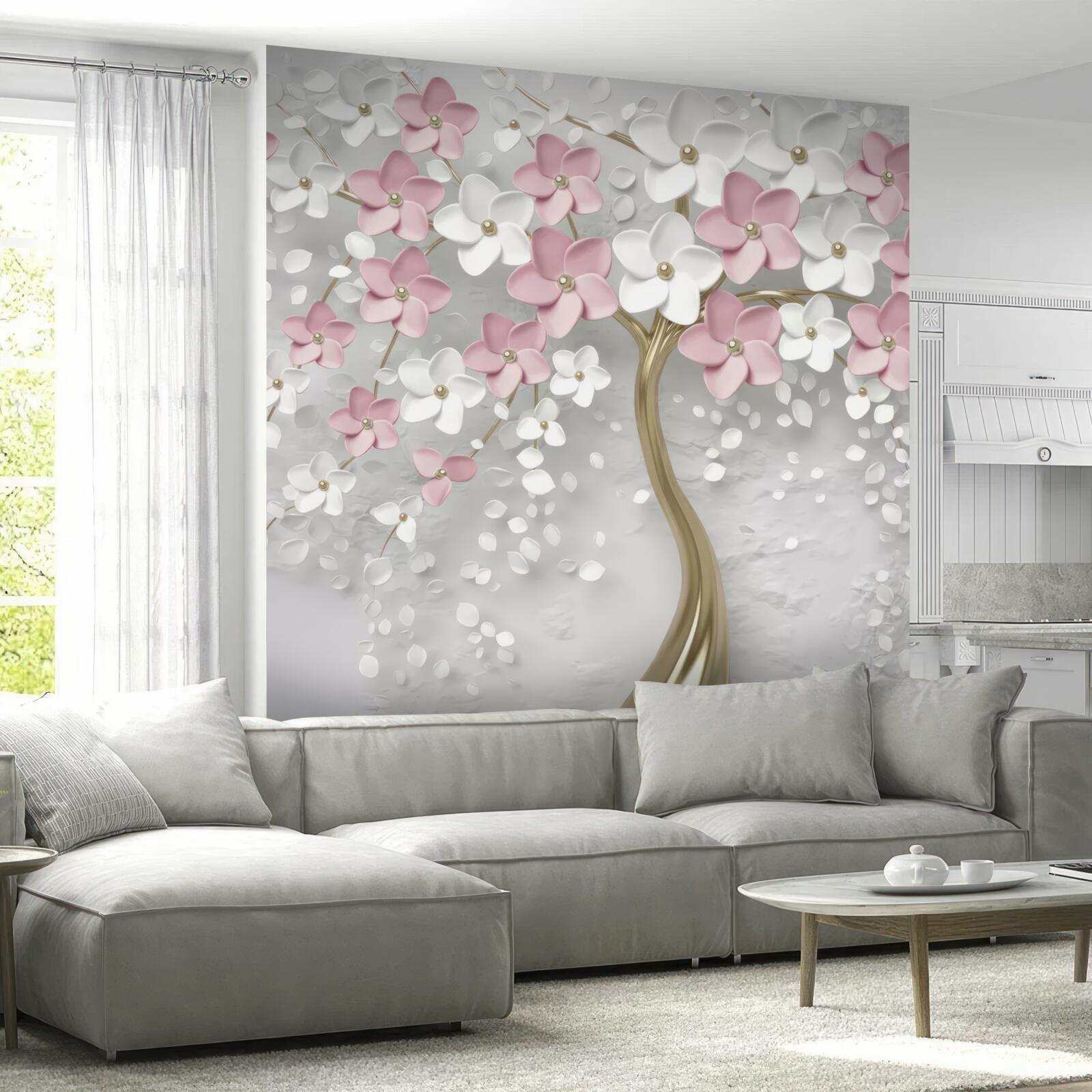 Fotobehang kleine bloemen in wit en roze op een boom met gouden bladeren