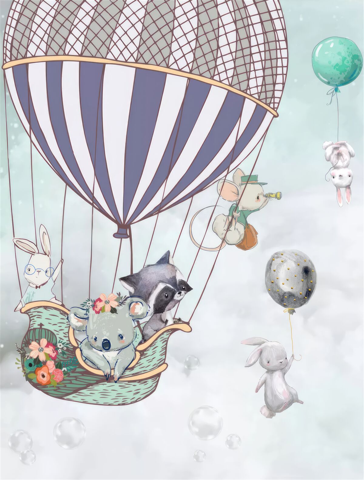 Fotobehang dieren reizen in een heteluchtballon met ballonnen die naast hen zweven