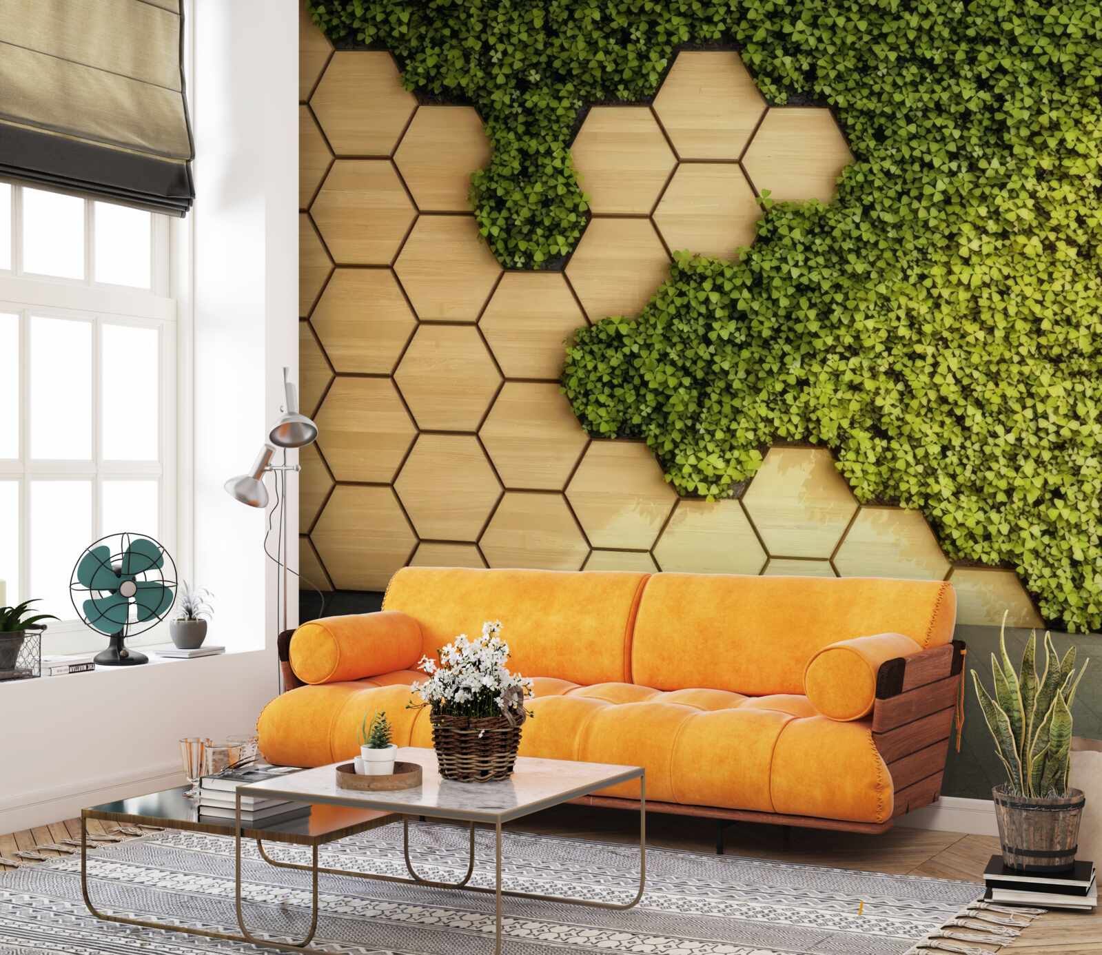 Fotobehang groene klimop rond een bruine muur