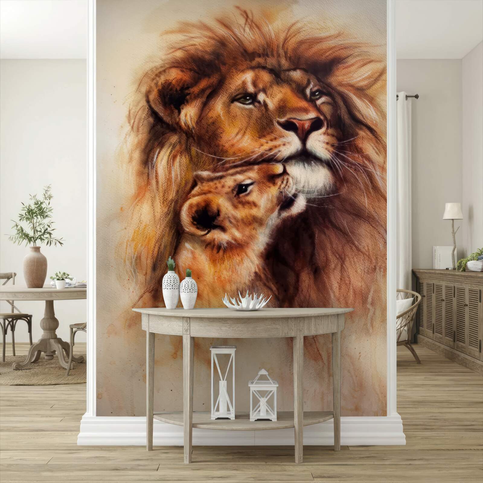 Fotobehang een volwassen leeuw en zijn welpen