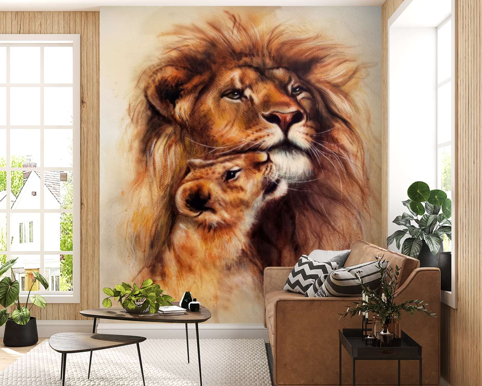 Fotobehang een volwassen leeuw en zijn welpen