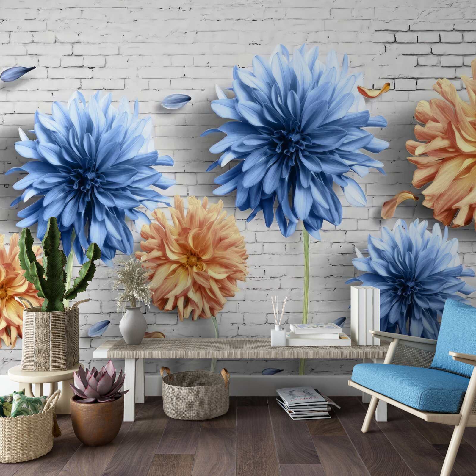 Fotobehang Bloemen in bruin- en blauwtinten op een bakstenen achtergrond
