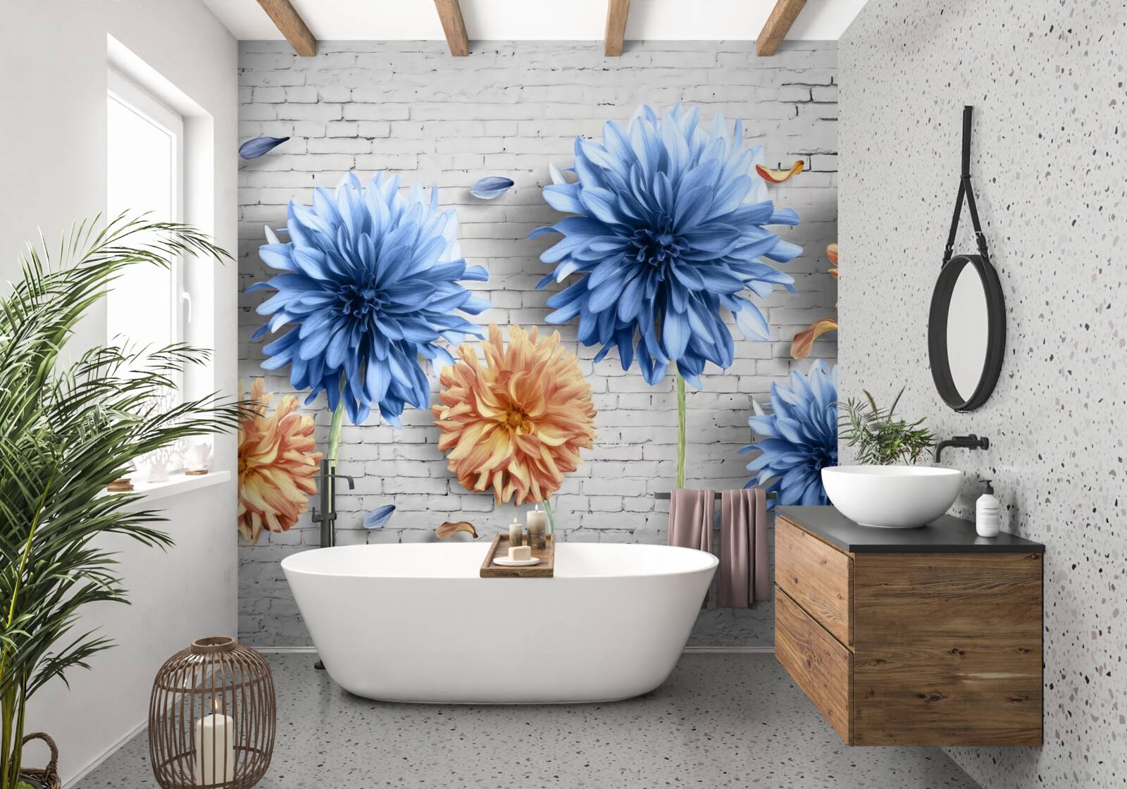 Fotobehang Bloemen in bruin- en blauwtinten op een bakstenen achtergrond