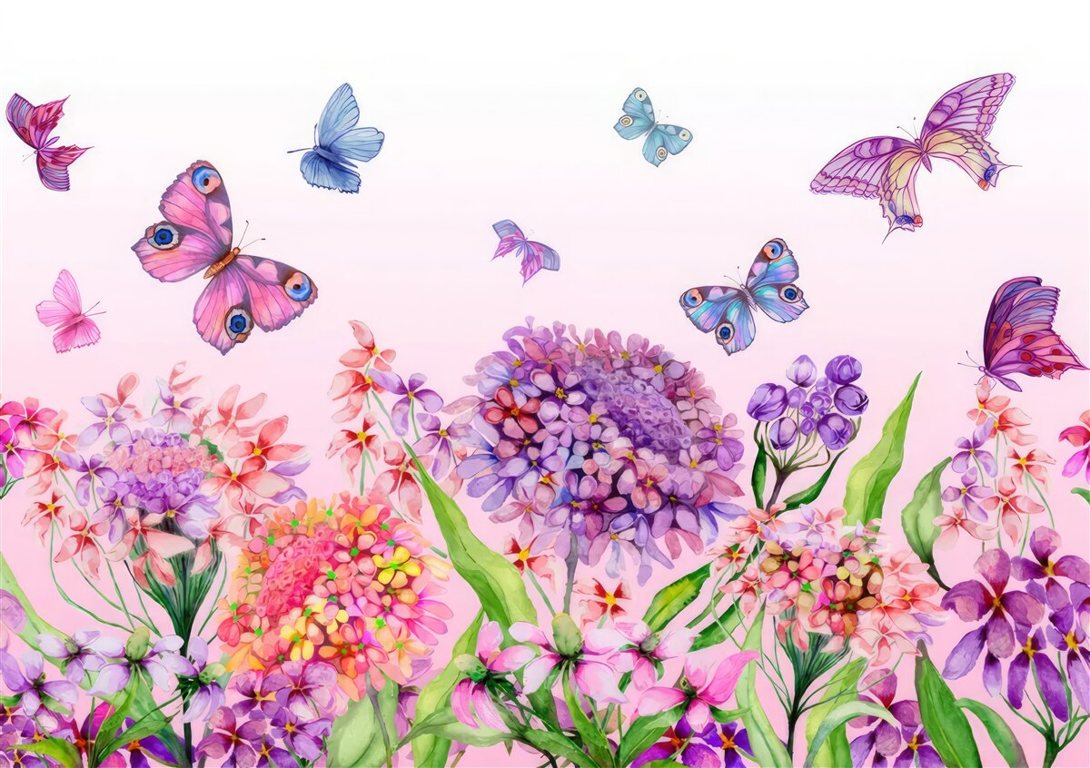 Fotobehang vlinders vliegen over de bloemen