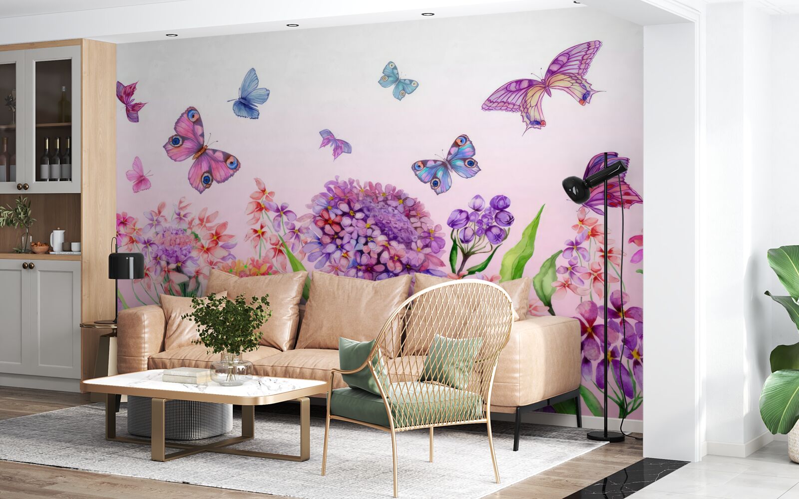 Fotobehang vlinders vliegen over de bloemen