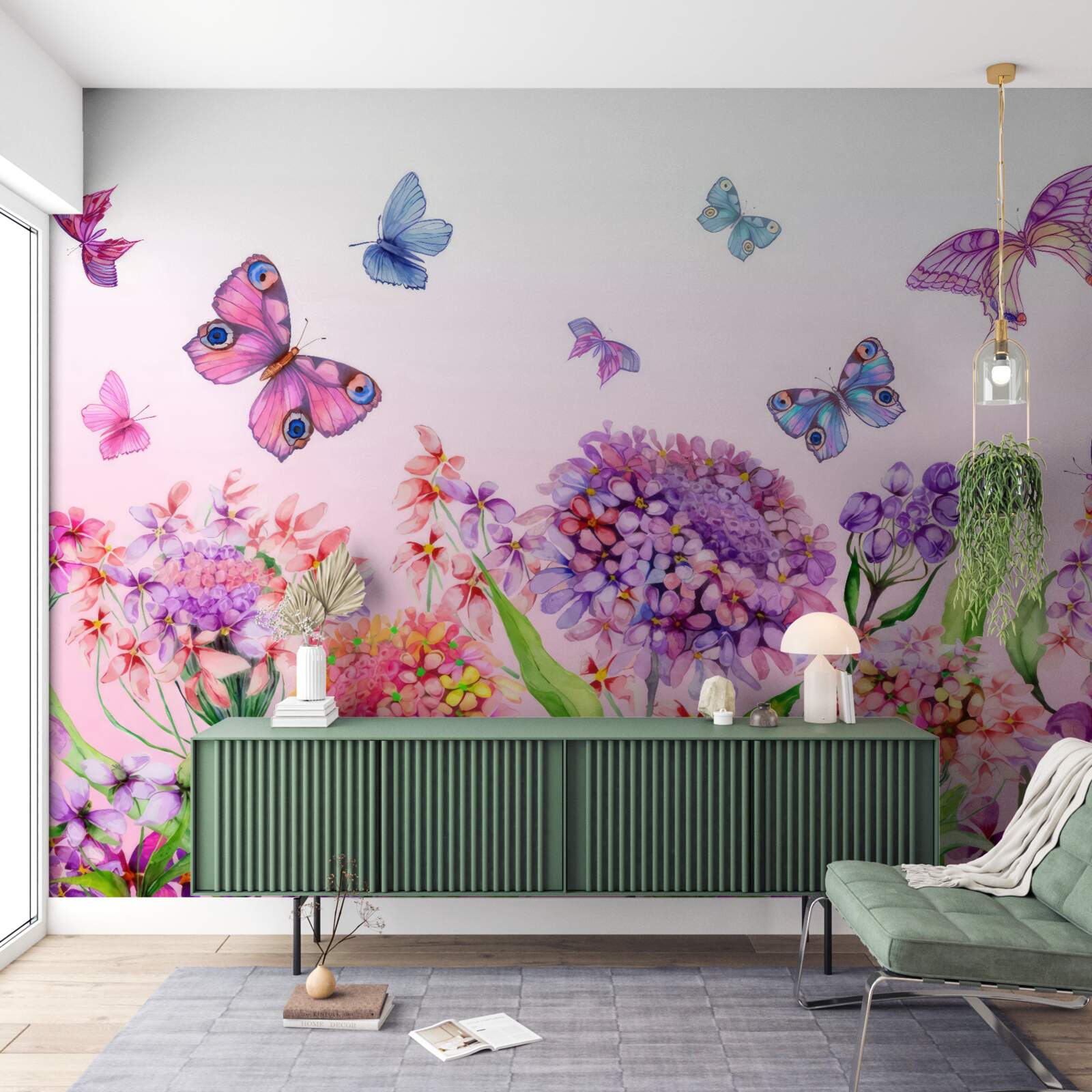 Fotobehang vlinders vliegen over de bloemen