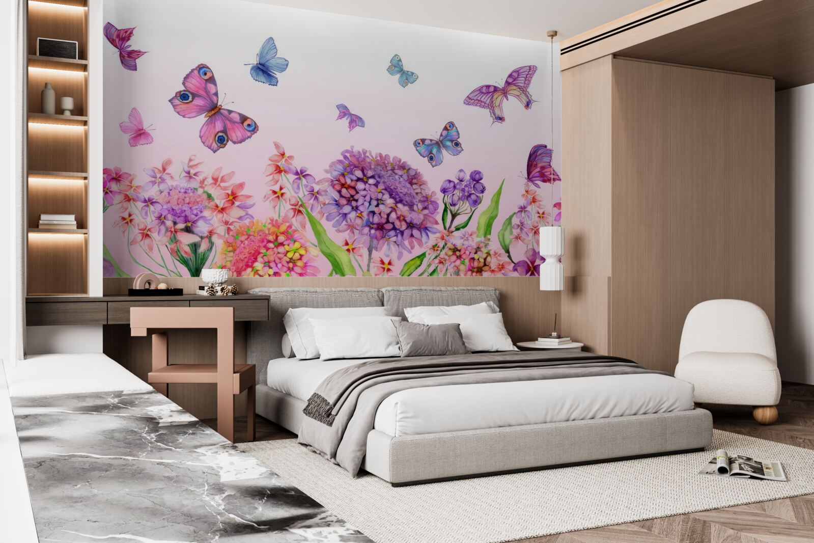 Fotobehang vlinders vliegen over de bloemen