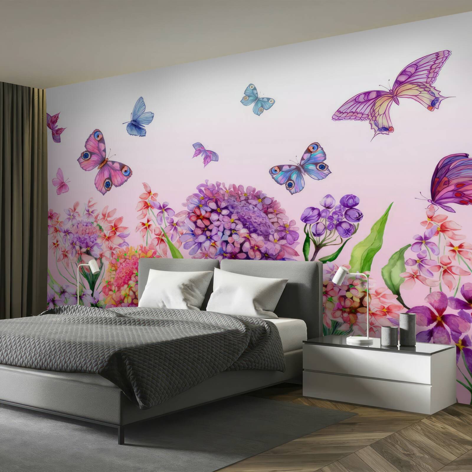 Fotobehang vlinders vliegen over de bloemen