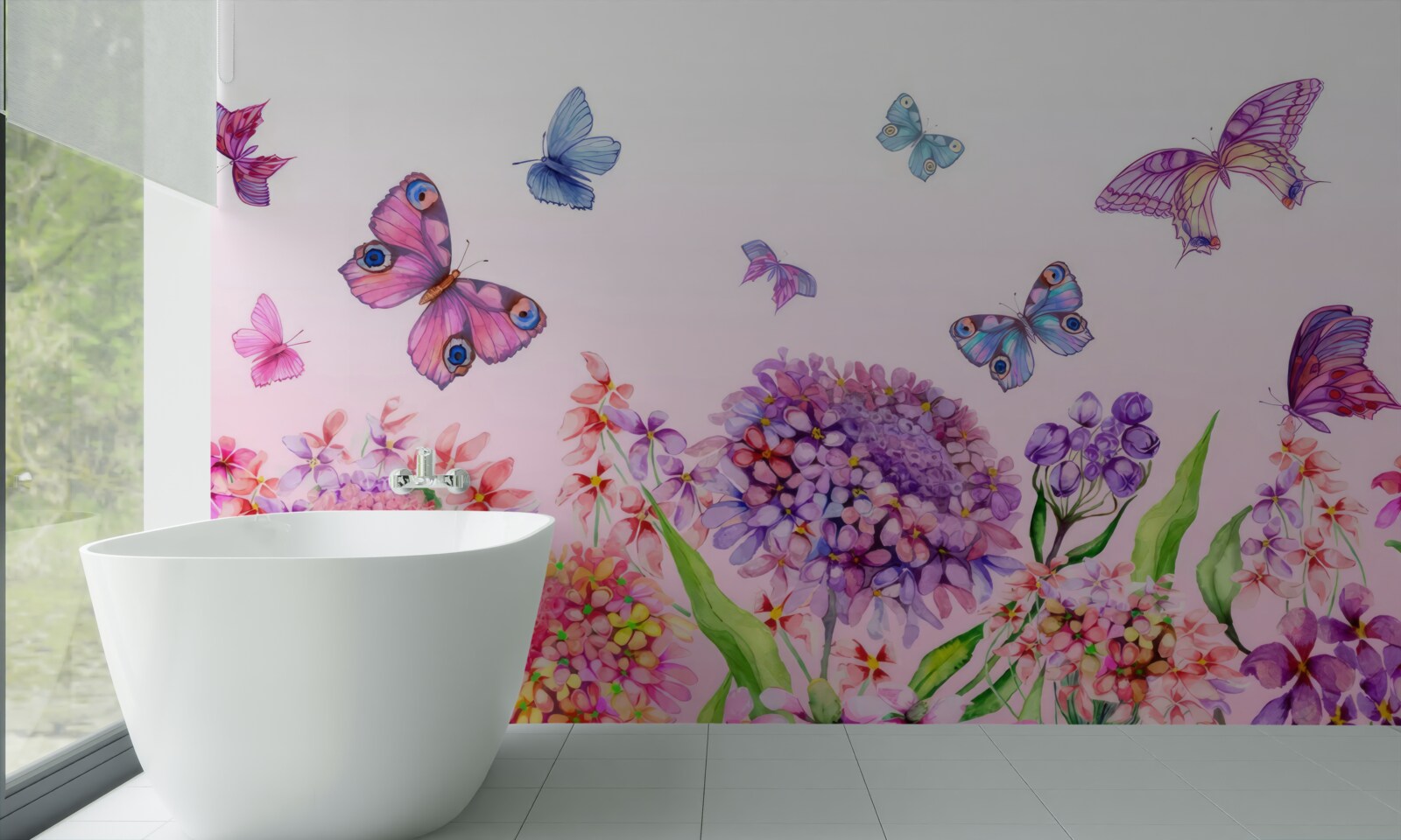 Fotobehang vlinders vliegen over de bloemen
