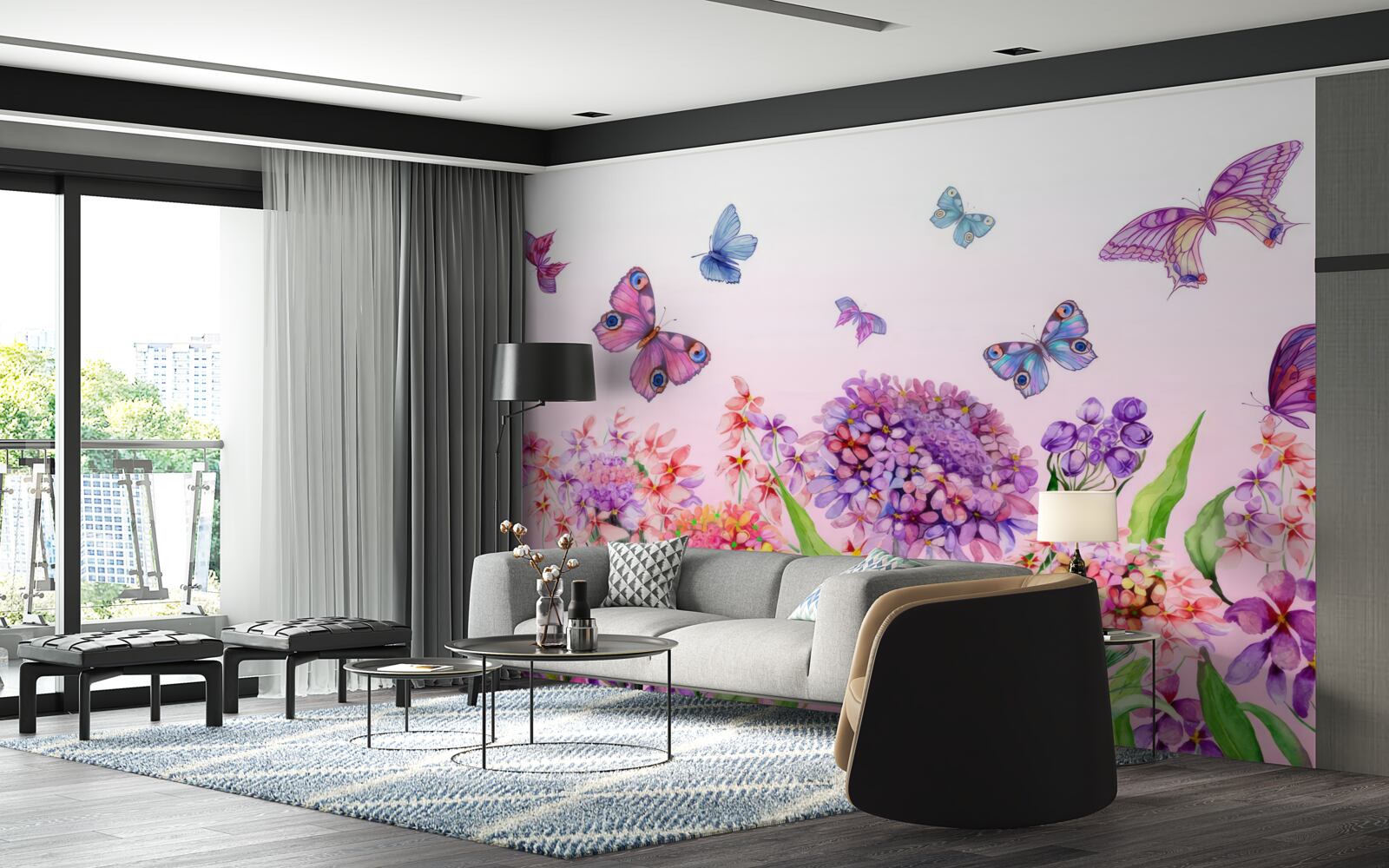Fotobehang vlinders vliegen over de bloemen