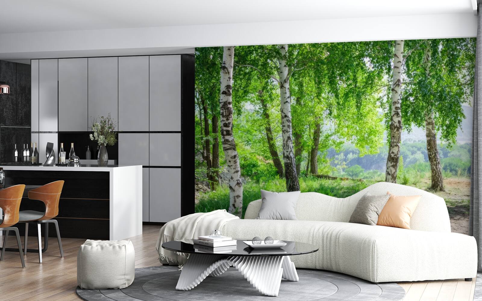 Fotobehang een bos vol groene berken