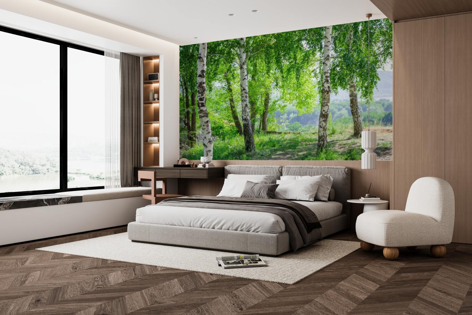 Fotobehang een bos vol groene berken