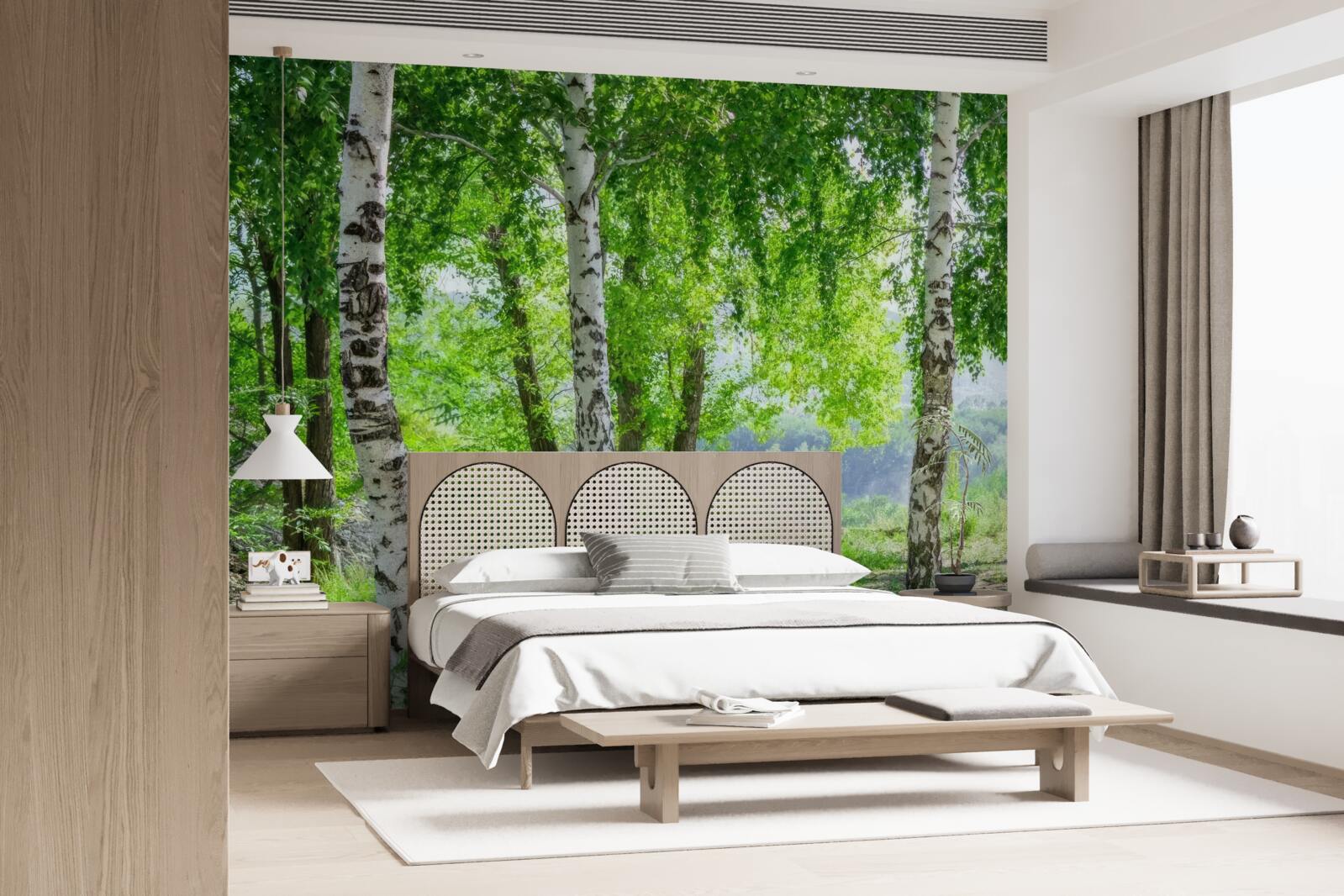 Fotobehang een bos vol groene berken