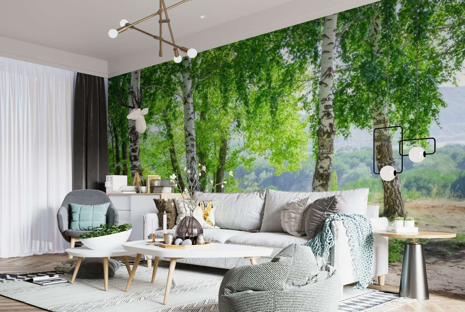 Fotobehang een bos vol groene berken