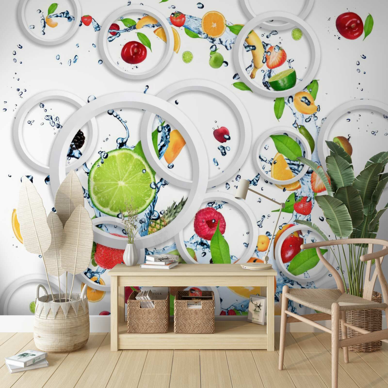 Fotobehang witte cirkels en gesneden fruit