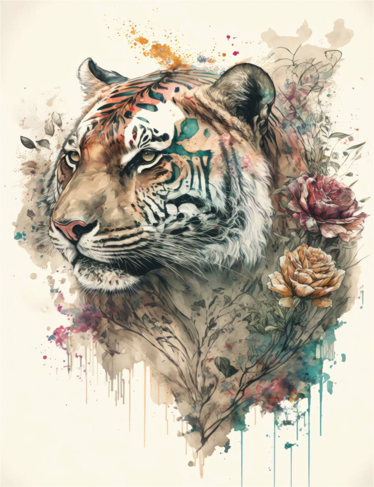 Fotobehang tijger tussen bloemen