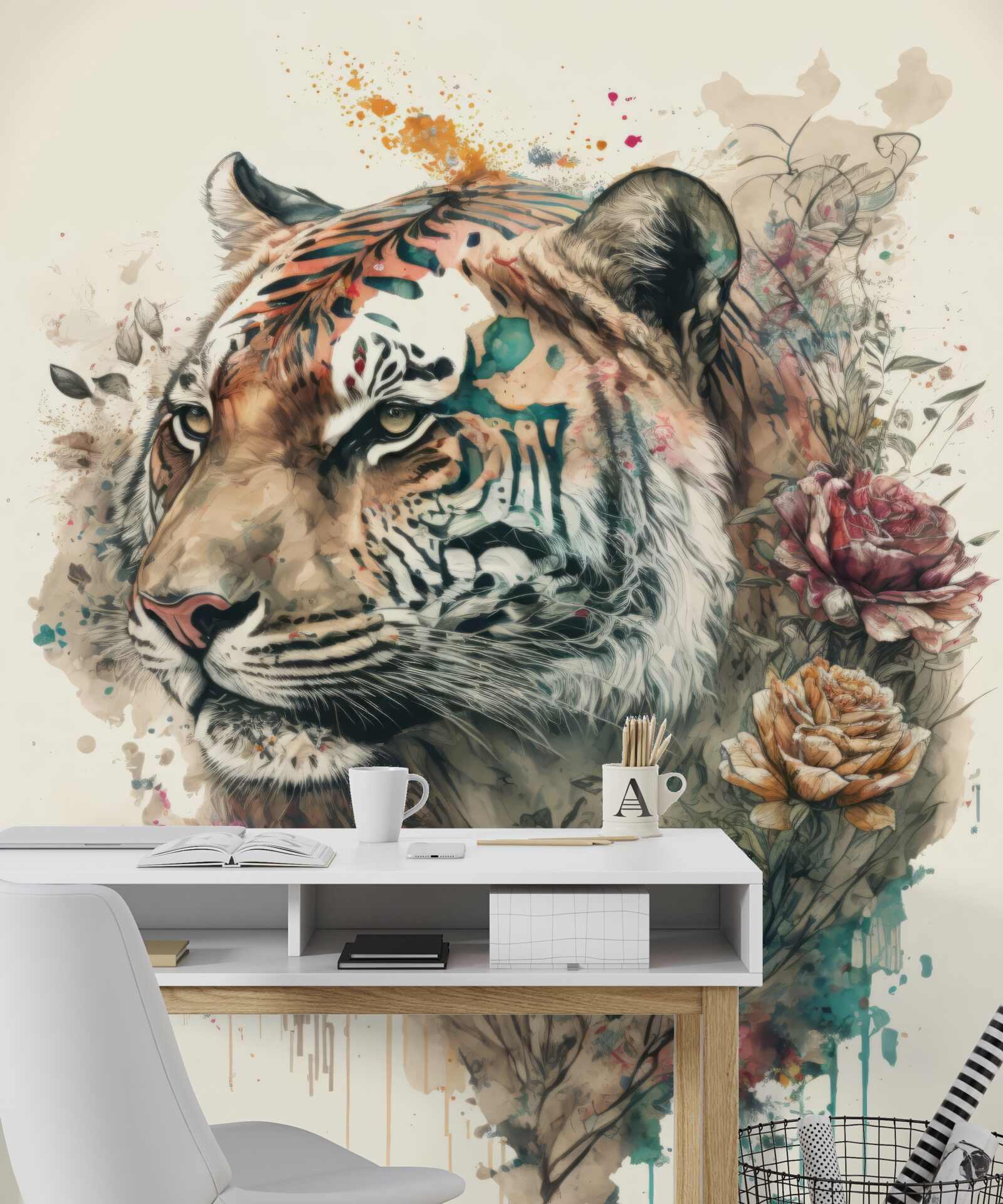 Fotobehang tijger tussen bloemen