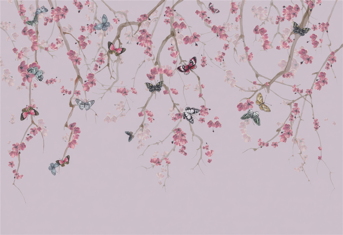 Fotobehang takken met roze bloemen en vlinders