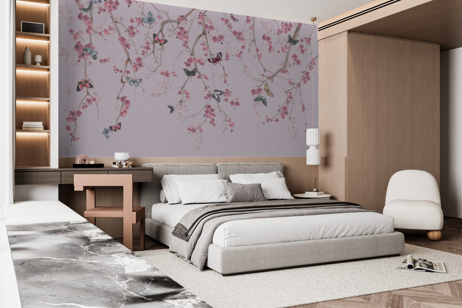 Fotobehang takken met roze bloemen en vlinders