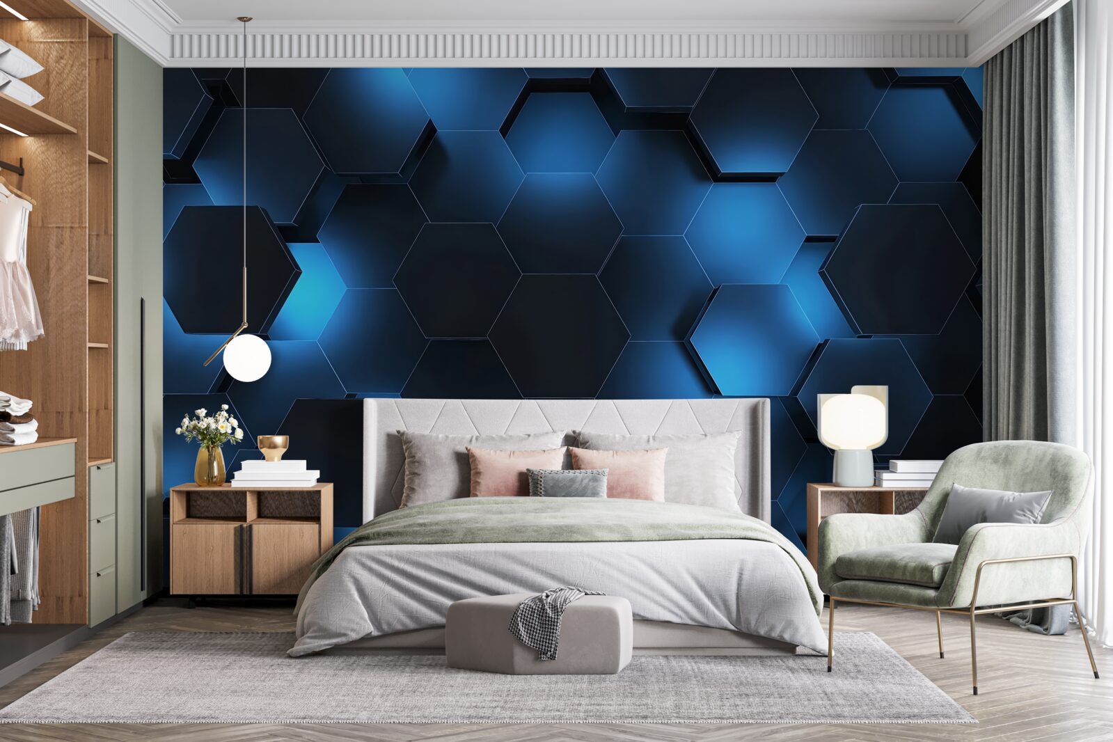 Fotobehang de zeshoeken zijn donkerblauw