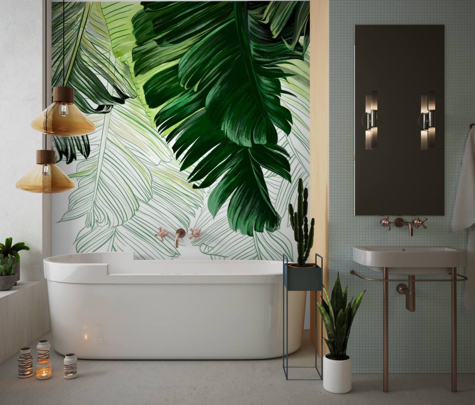 Fotobehang groene tinten van grote varenbladeren