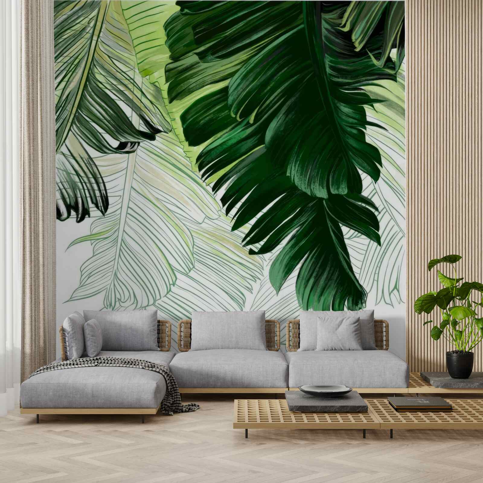 Fotobehang groene tinten van grote varenbladeren