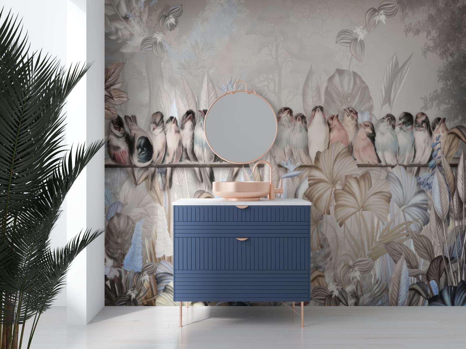 Fotobehang veel vogels zitten op een stok