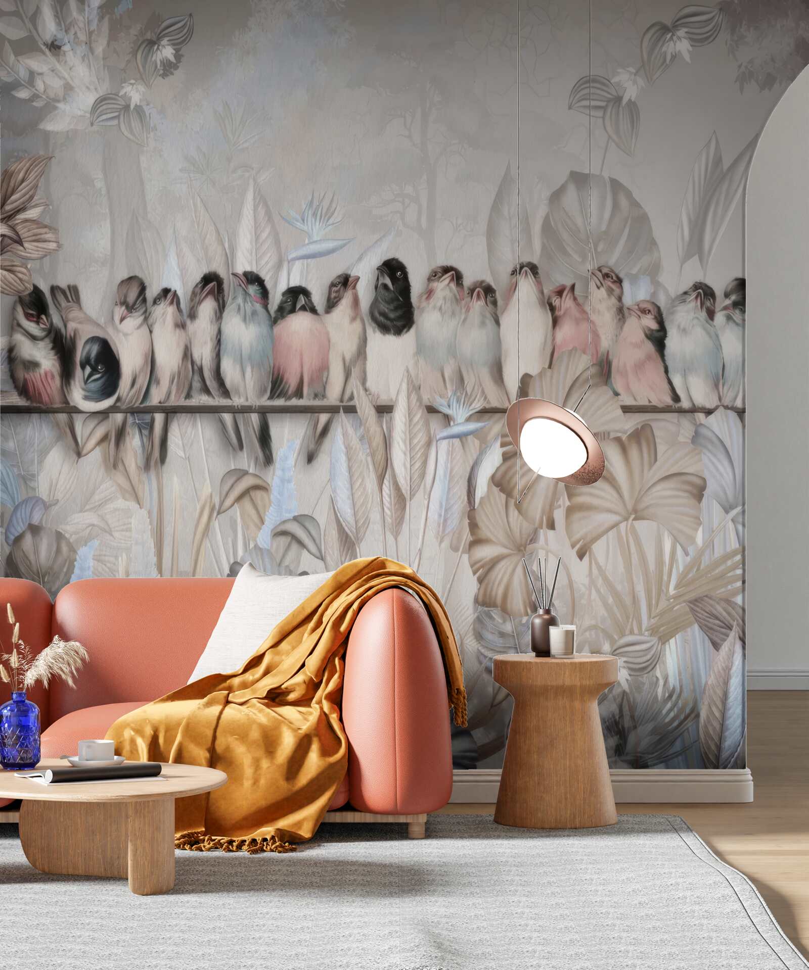 Fotobehang veel vogels zitten op een stok