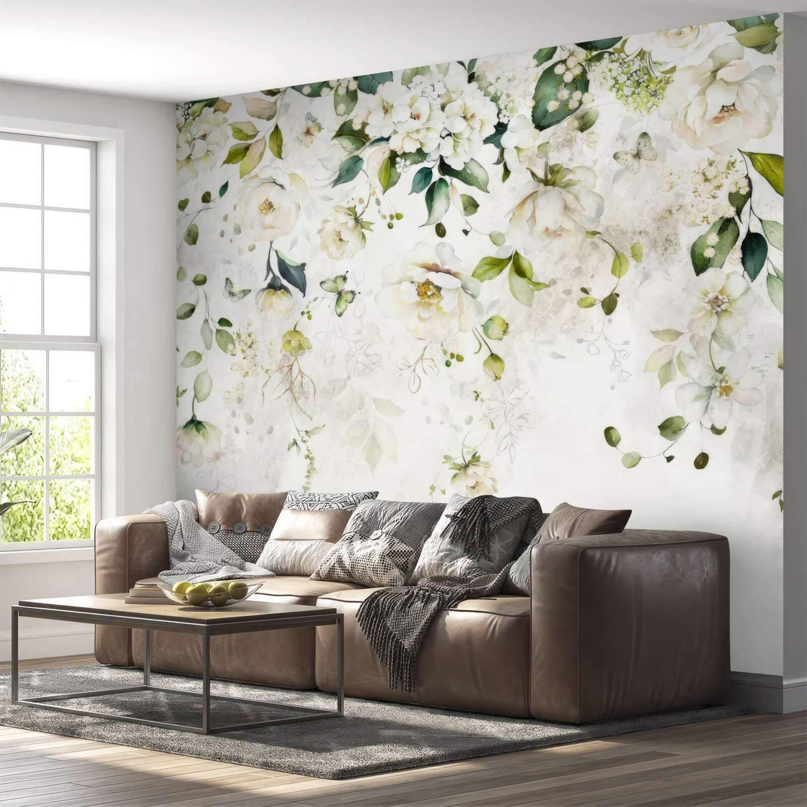 Fotobehang takken versierd met witte bloemen hangen