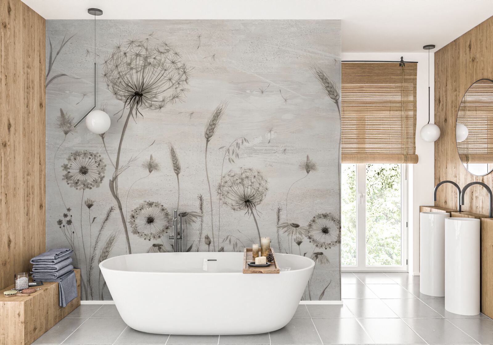 Fotobehang illustratie paardenbloem en tarwearen