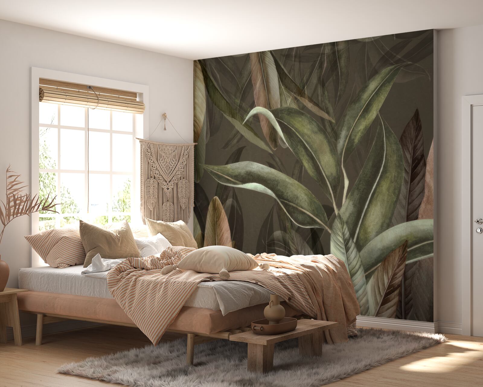 Fotobehang bladeren in bruin- en groentinten