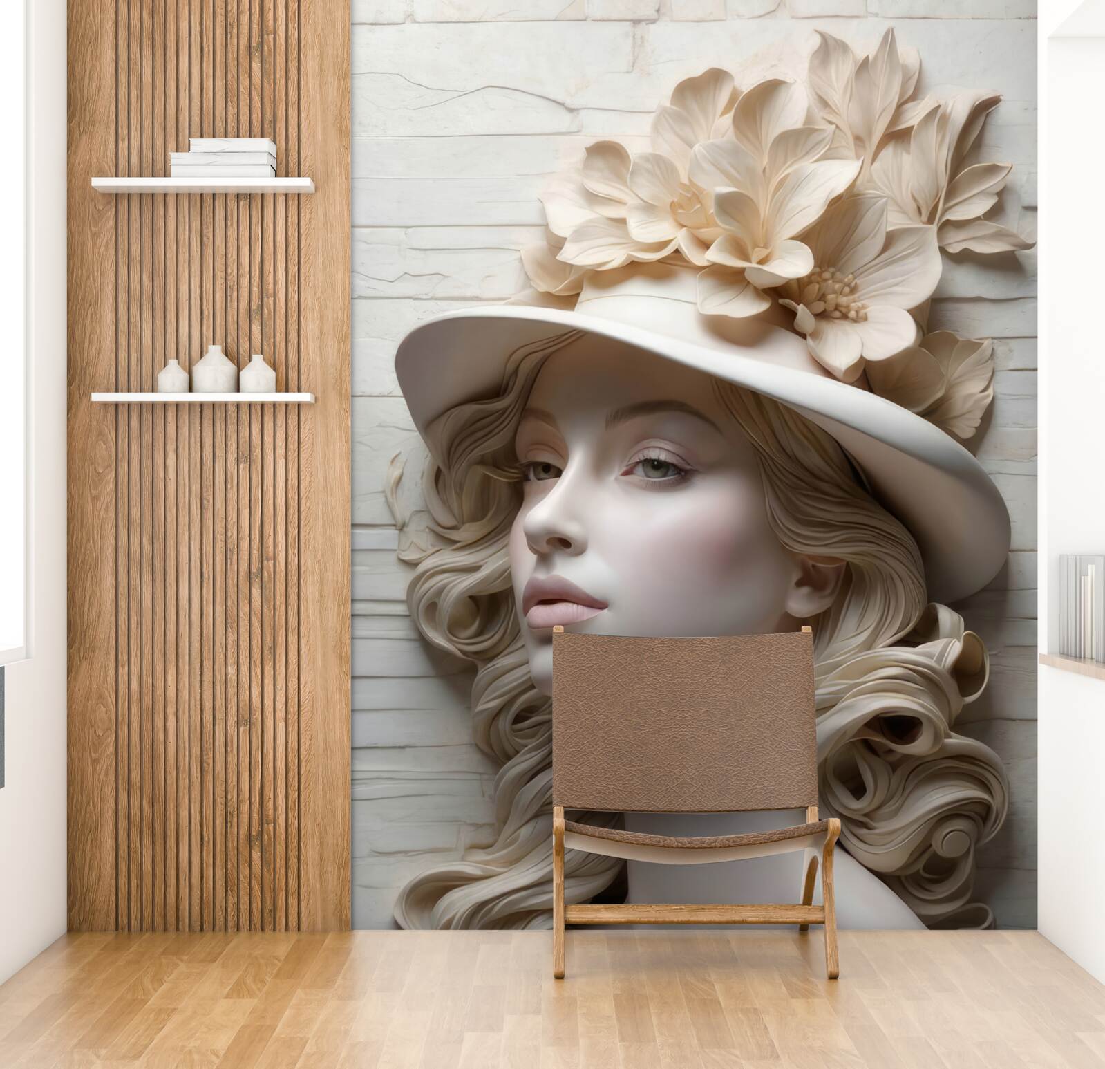 Fotobehang aantrekkelijke dame met een hoed versierd met bloemen