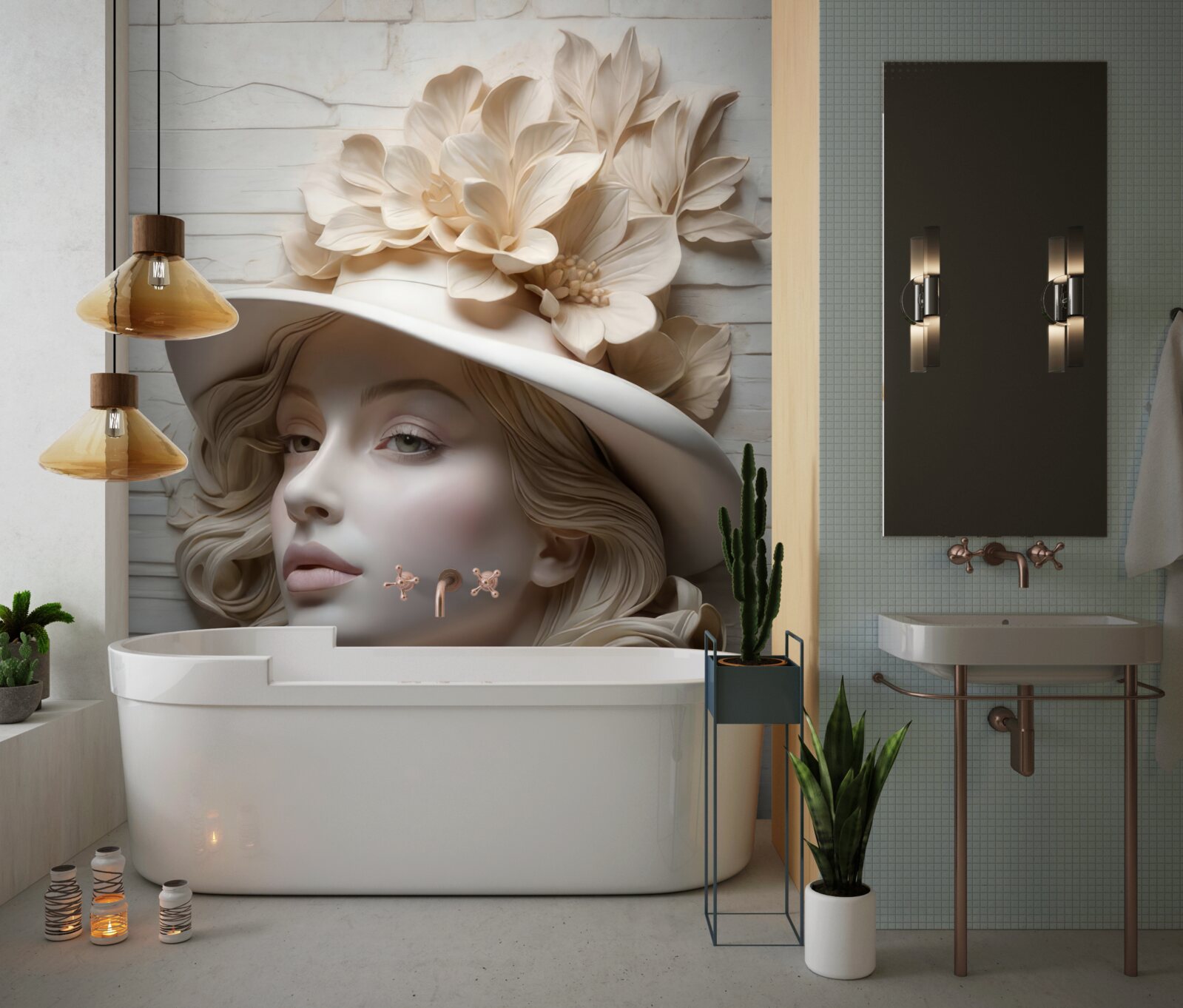 Fotobehang aantrekkelijke dame met een hoed versierd met bloemen
