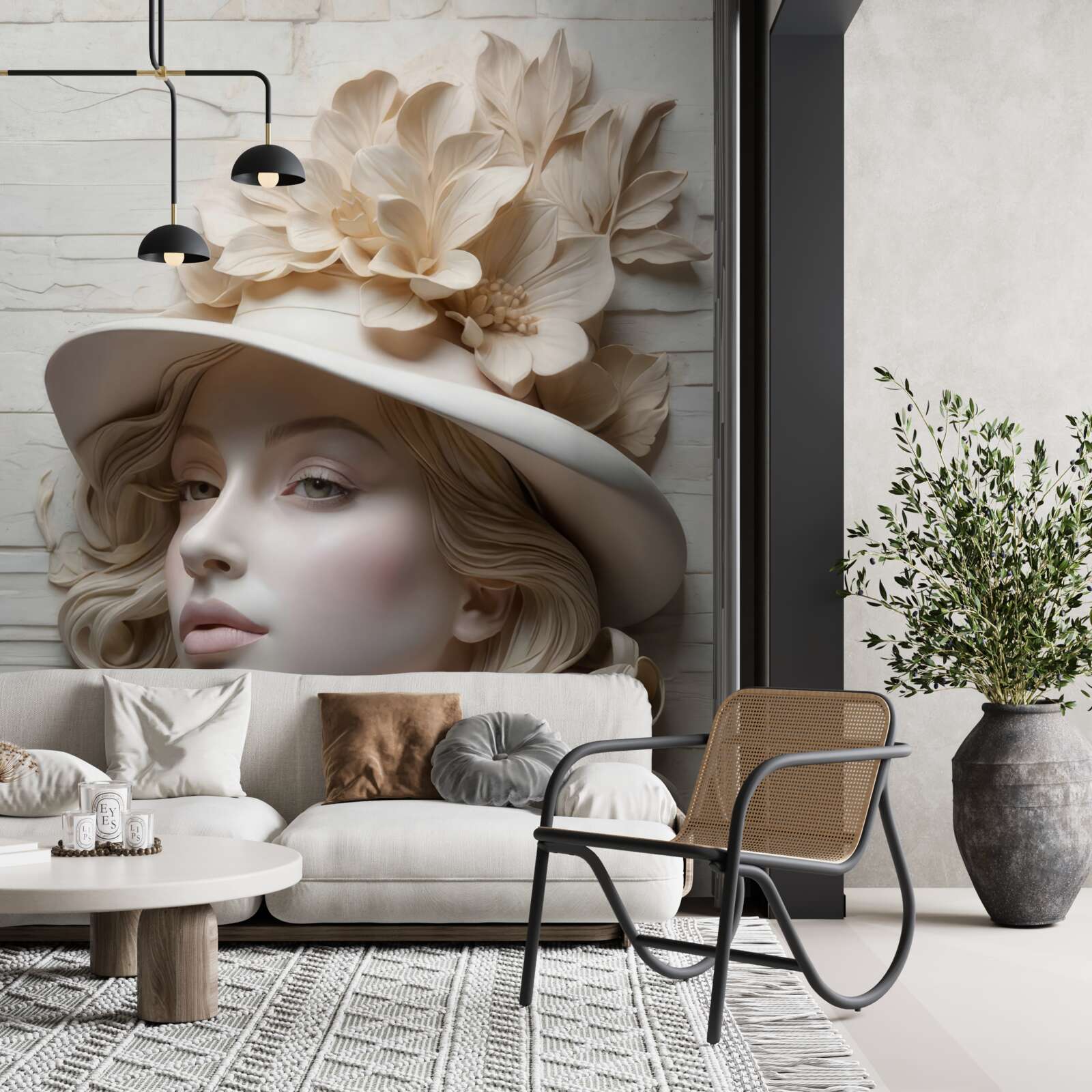 Fotobehang aantrekkelijke dame met een hoed versierd met bloemen