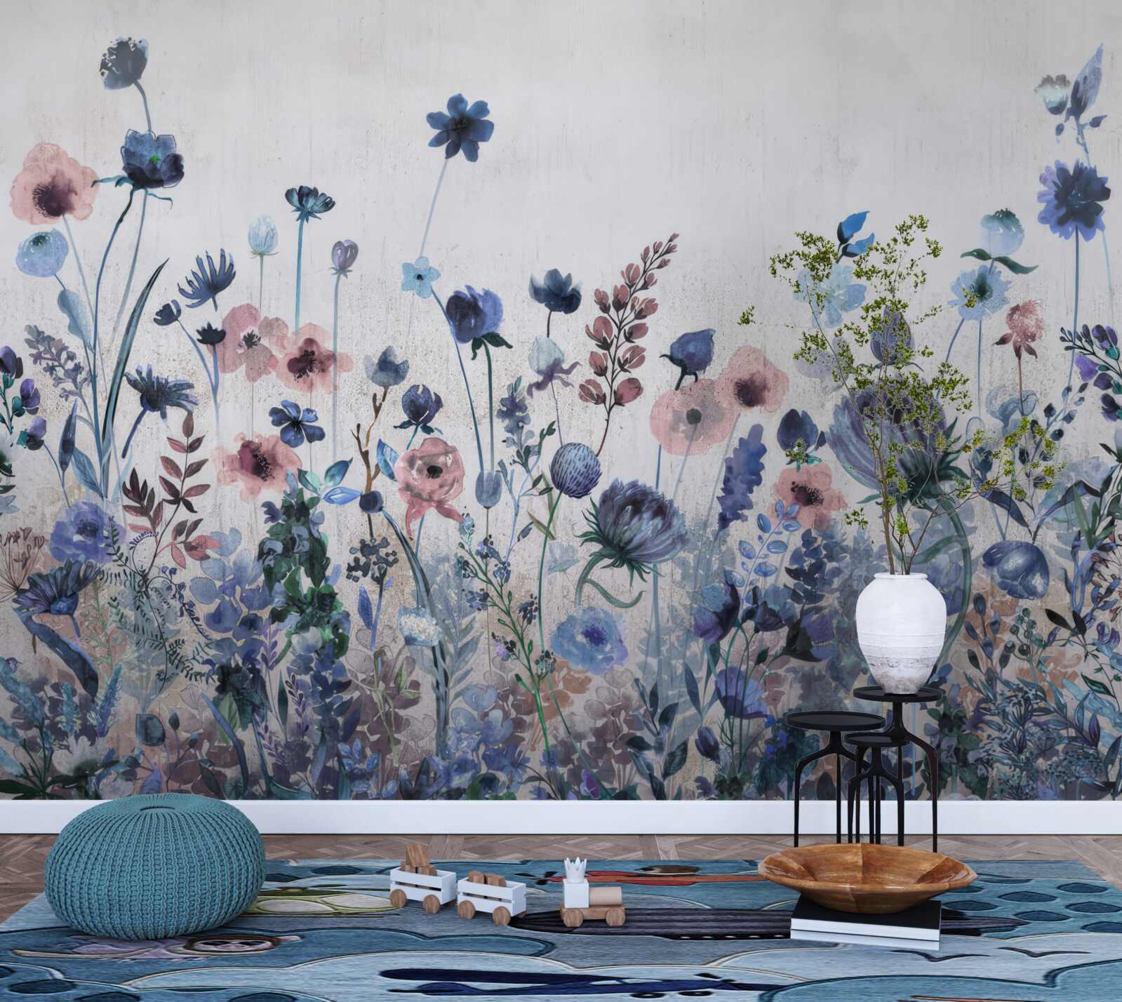 Fotobehang planten en bloemen in blauwe en roze tinten