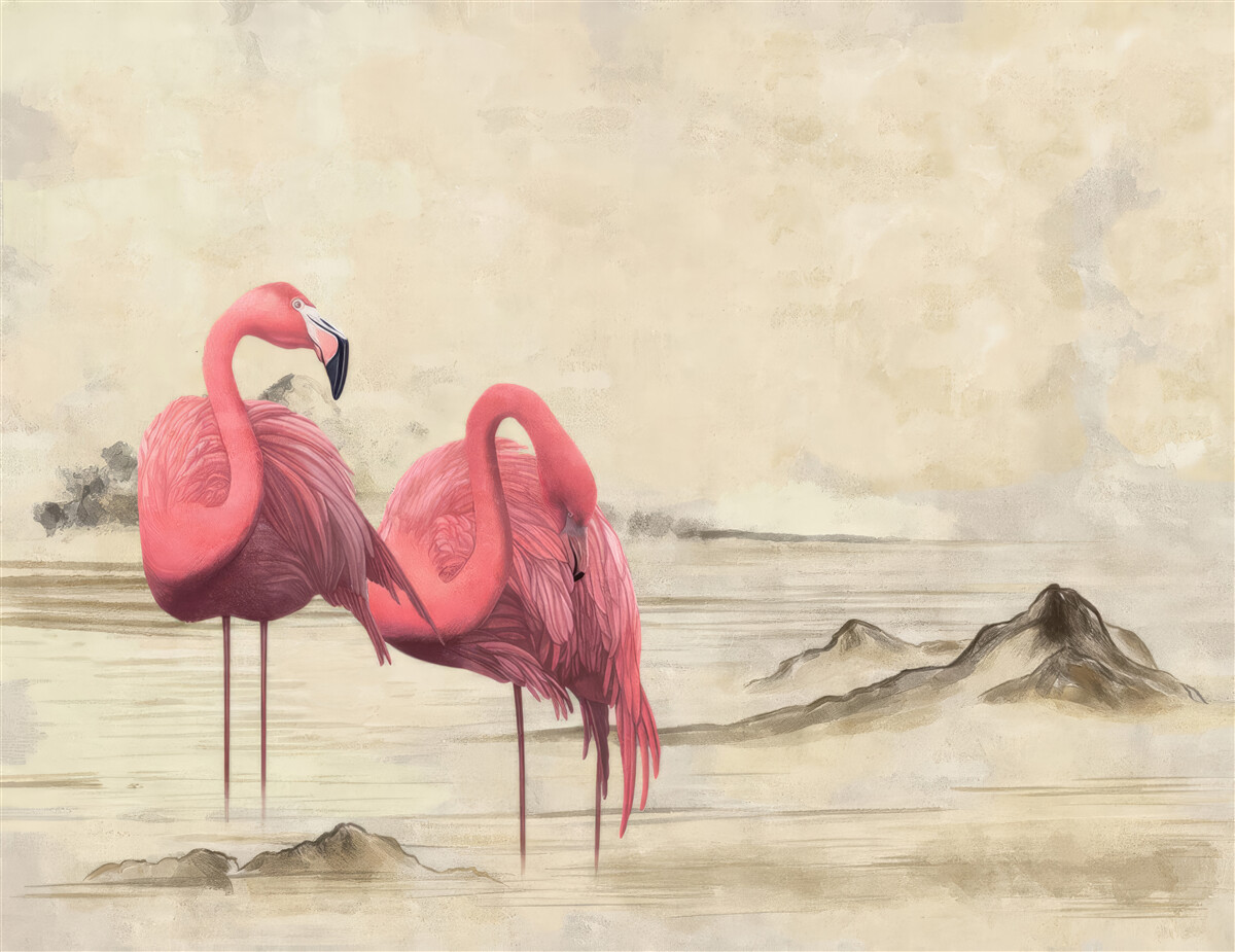 Fotobehang een paar felroze flamingo's